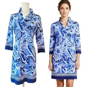 BARBARA ERICKSON Ruffle Neck Mini Dress Small Resort Blue Floral 3/4 Sleeve